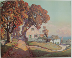 vintage calendar art with cottages, cabins, etc. circa 1930s-1940s